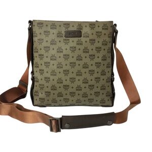 Authentic MCM Olive Monogram Messenger Bag with Brown Adjustable Strap